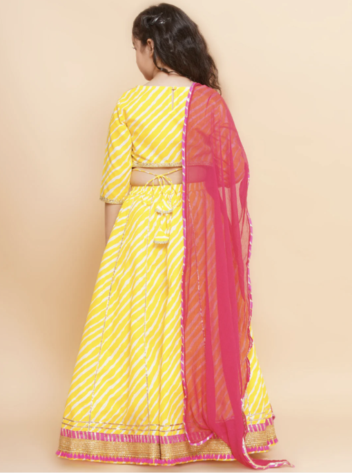 Yellow Leheriya Printed Lehenga & Pink Embroidered Choli with Dupatta - Image 3